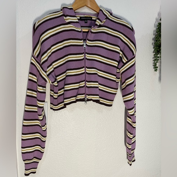 Kendall & Kylie Cropped Striped Double Zipper Hooded Sweater Size S - Picture 2 of 7